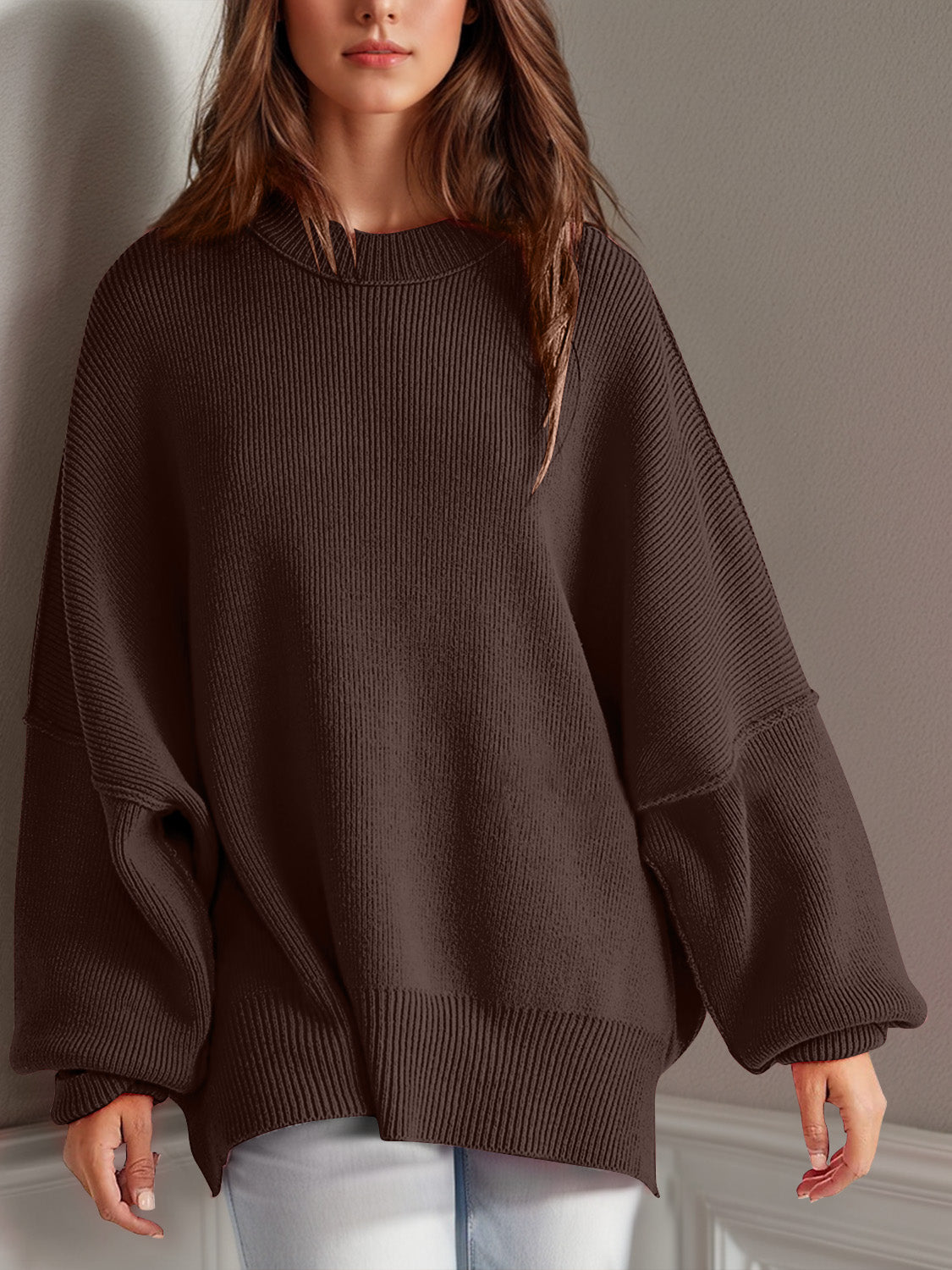 Double Take Side Slit Round Neck Long Sleeve Sweater - Bella Blue Styles