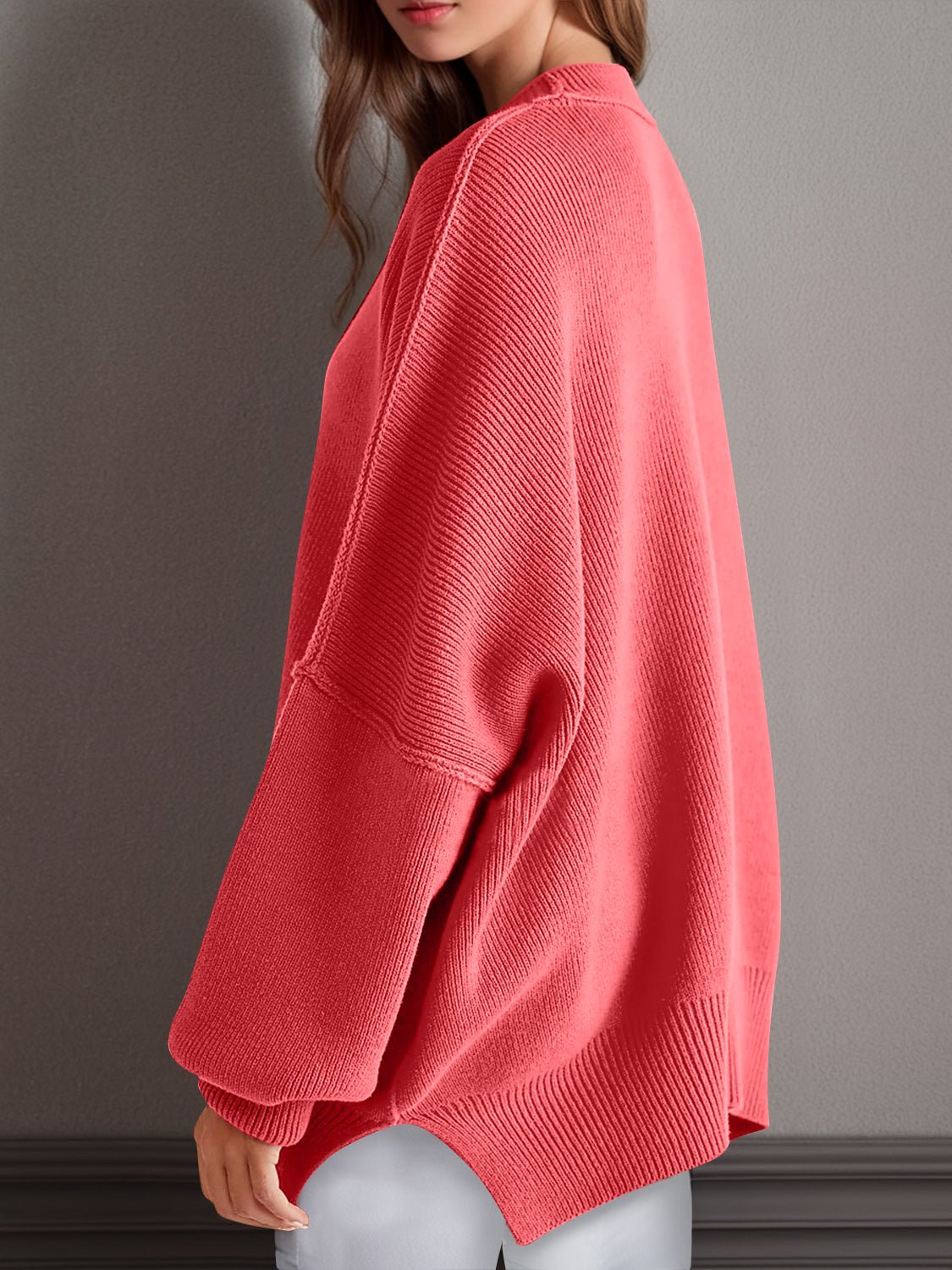 Double Take Side Slit Round Neck Long Sleeve Sweater - Bella Blue Styles