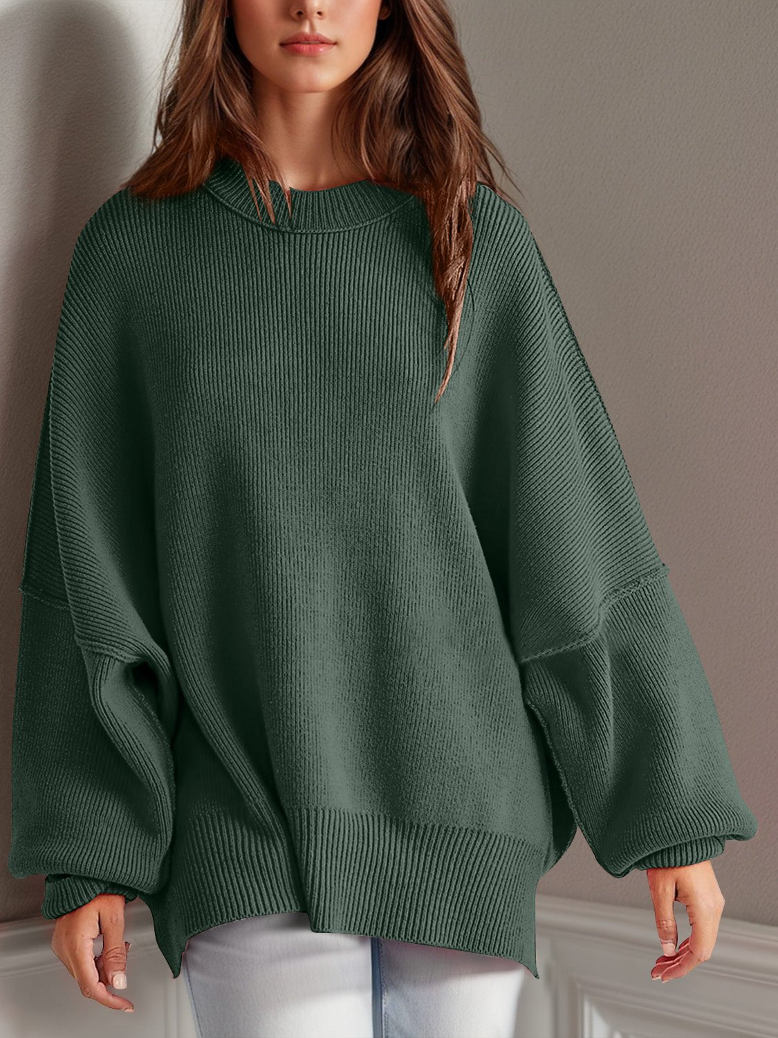 Double Take Side Slit Round Neck Long Sleeve Sweater - Bella Blue Styles