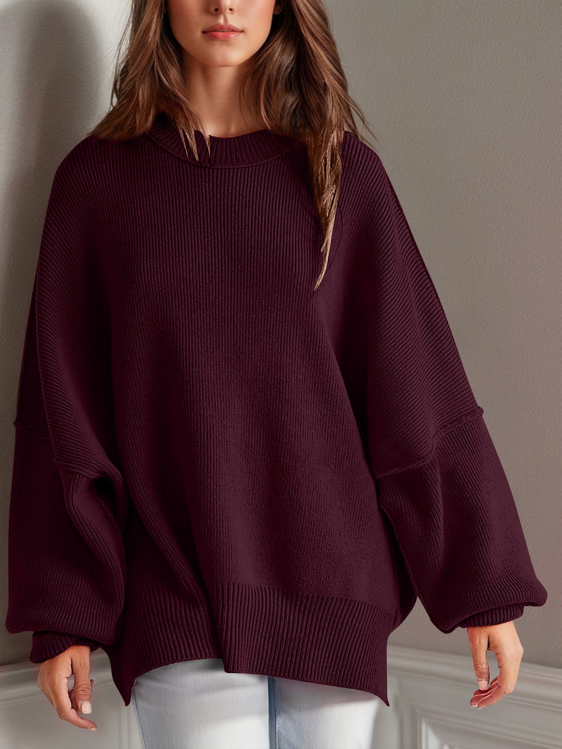 Double Take Side Slit Round Neck Long Sleeve Sweater - Bella Blue Styles