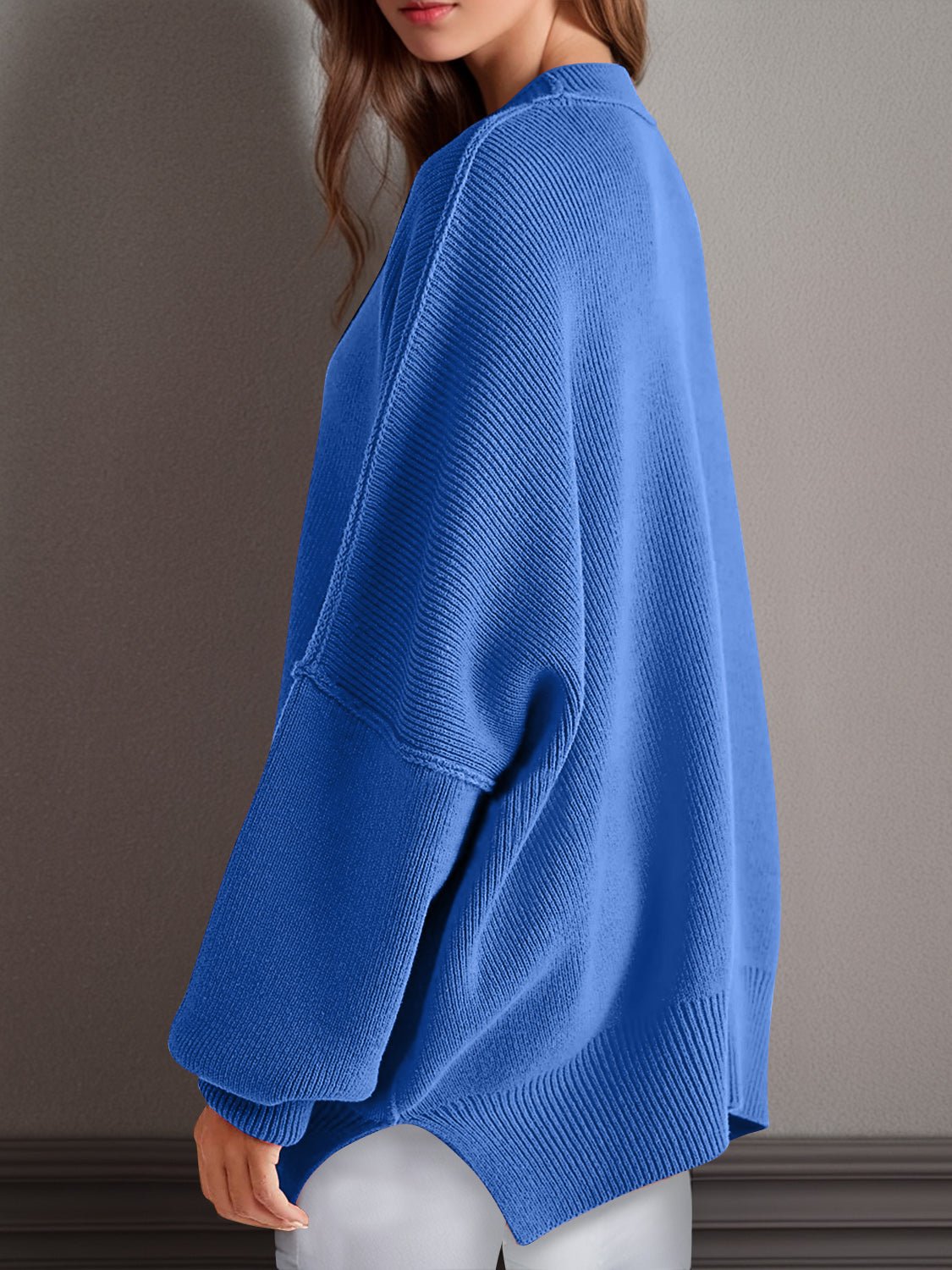 Double Take Side Slit Round Neck Long Sleeve Sweater - Bella Blue Styles