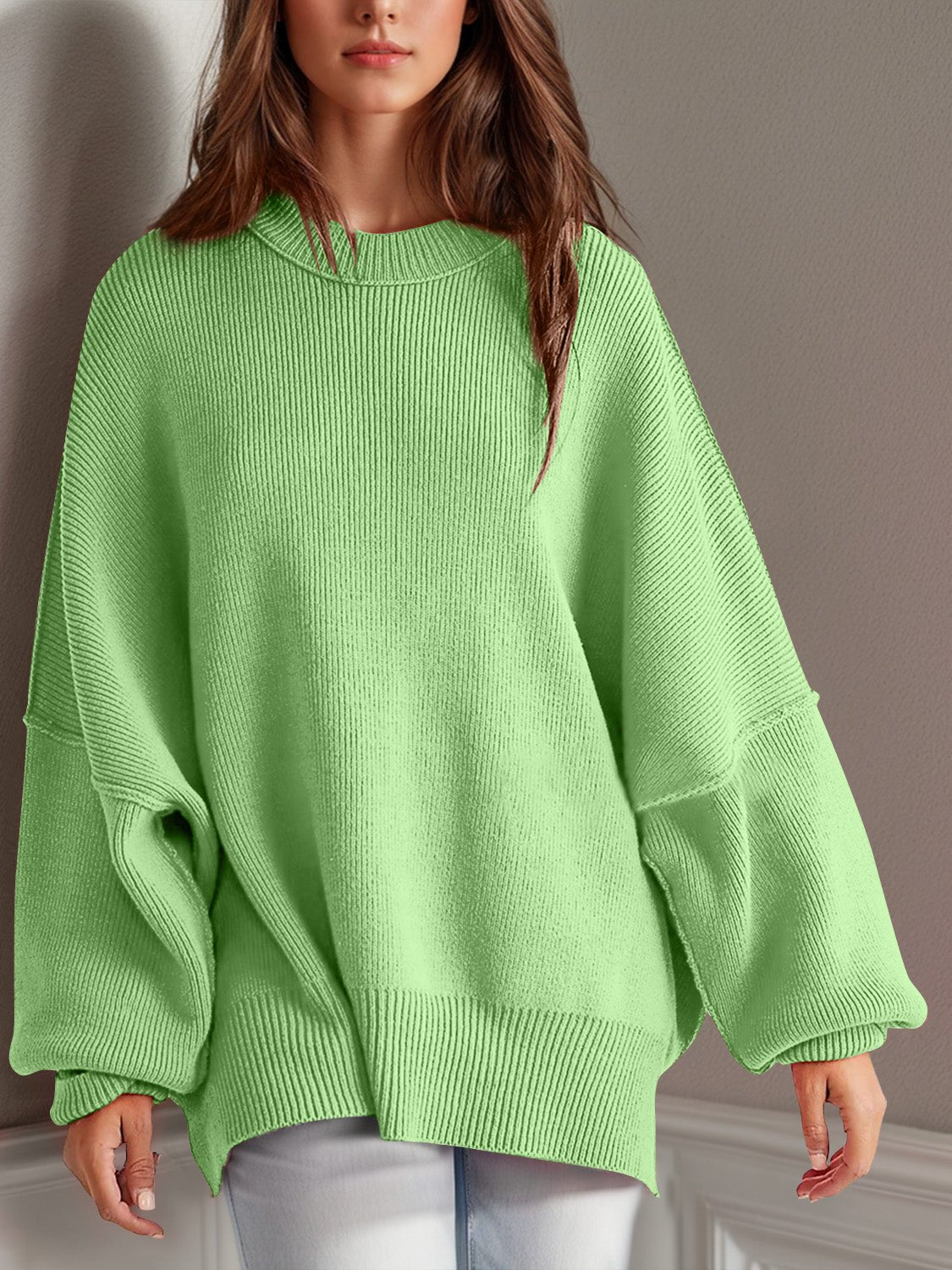 Double Take Side Slit Round Neck Long Sleeve Sweater - Bella Blue Styles