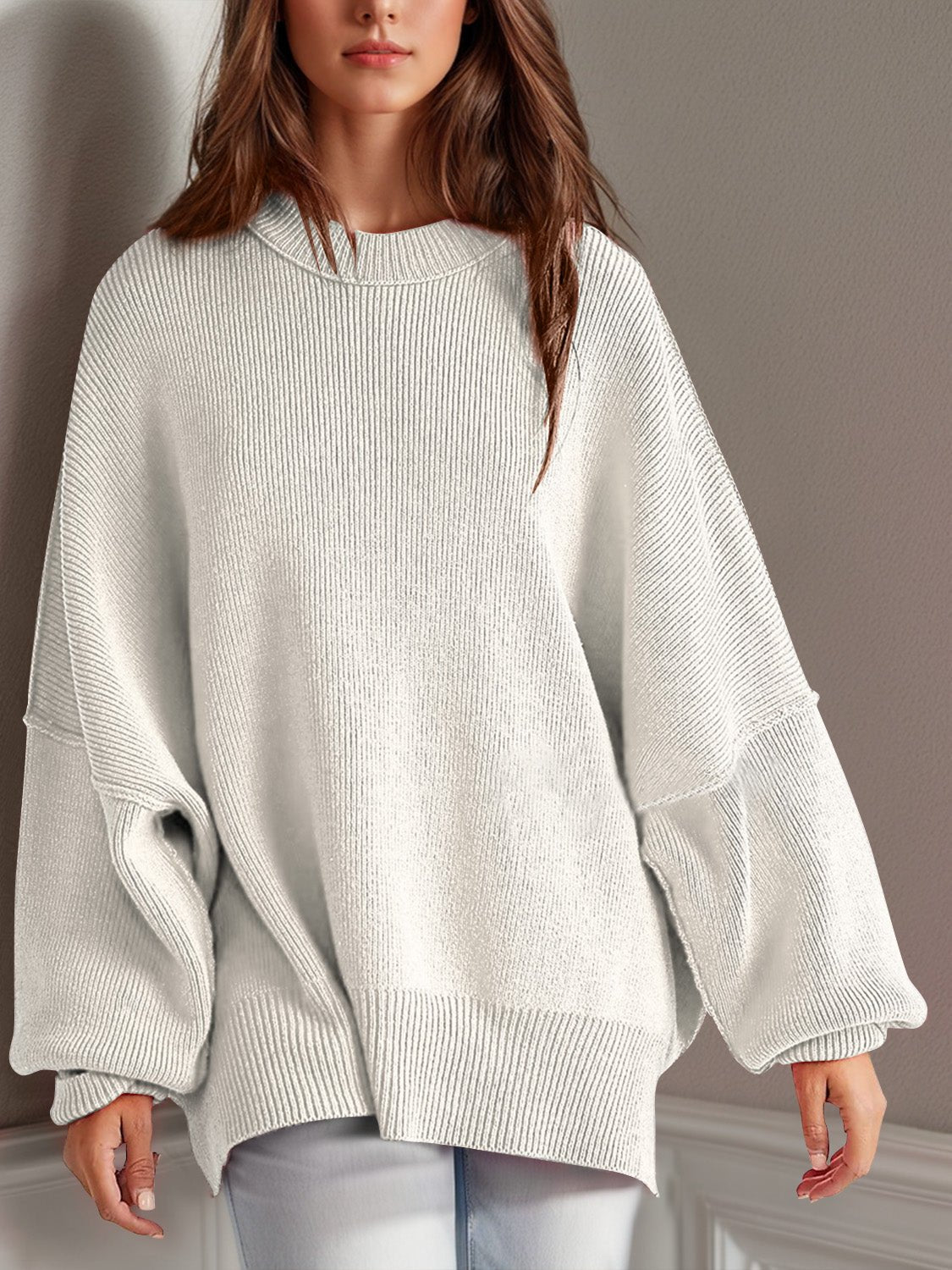Double Take Side Slit Round Neck Long Sleeve Sweater - Bella Blue Styles