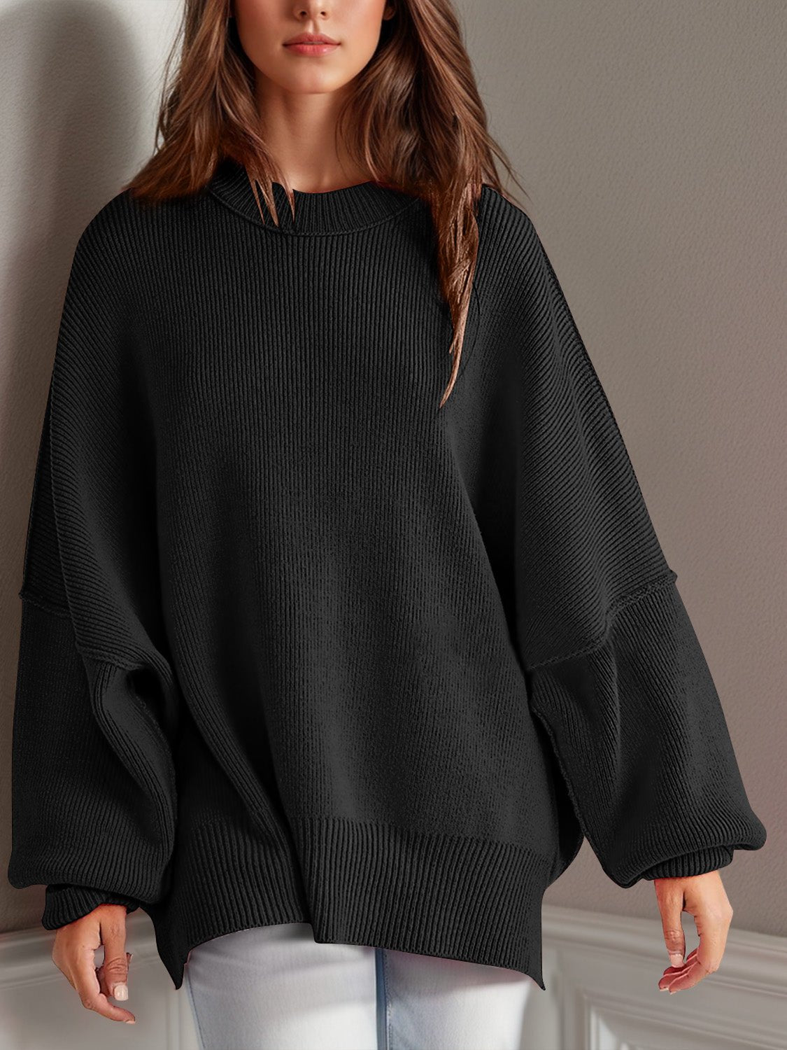 Double Take Side Slit Round Neck Long Sleeve Sweater - Bella Blue Styles
