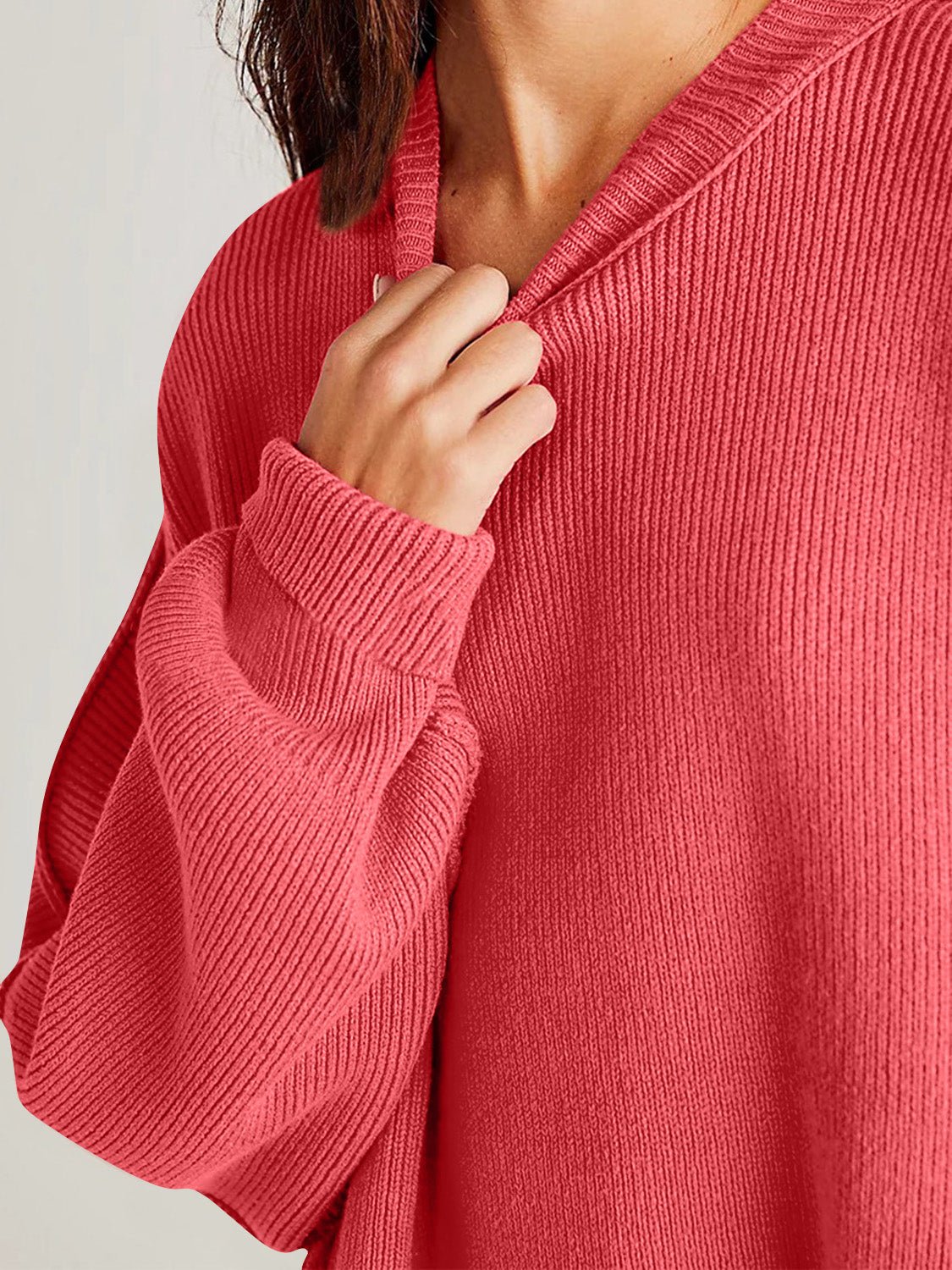 Double Take Side Slit Round Neck Long Sleeve Sweater - Bella Blue Styles
