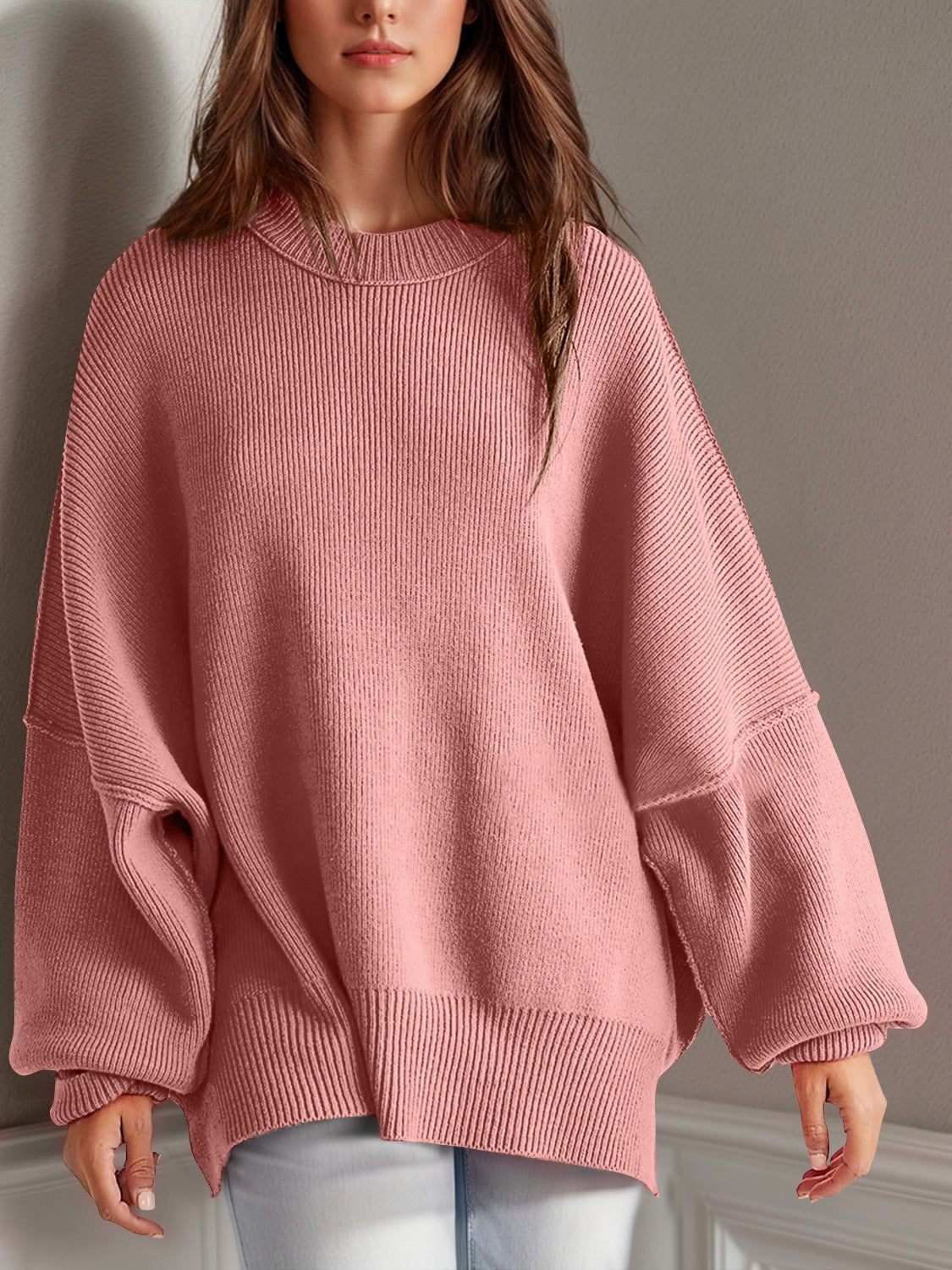 Double Take Side Slit Round Neck Long Sleeve Sweater - Bella Blue Styles