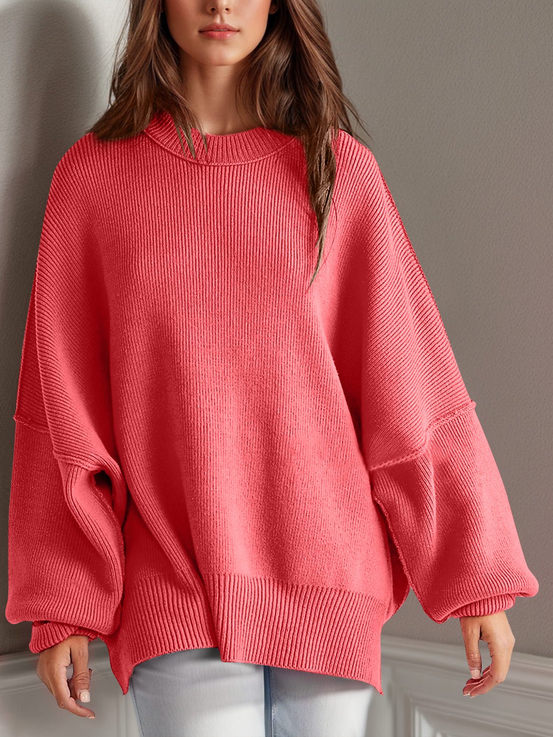 Double Take Side Slit Round Neck Long Sleeve Sweater - Bella Blue Styles