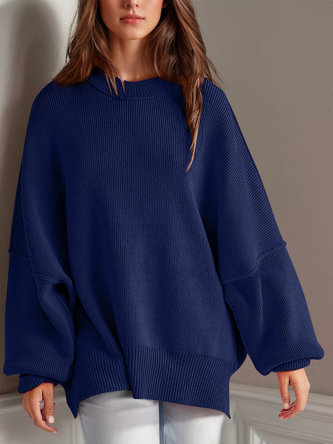 Double Take Side Slit Round Neck Long Sleeve Sweater - Bella Blue Styles