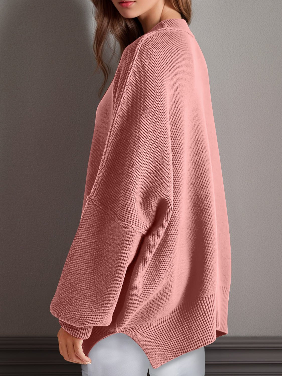 Double Take Side Slit Round Neck Long Sleeve Sweater - Bella Blue Styles