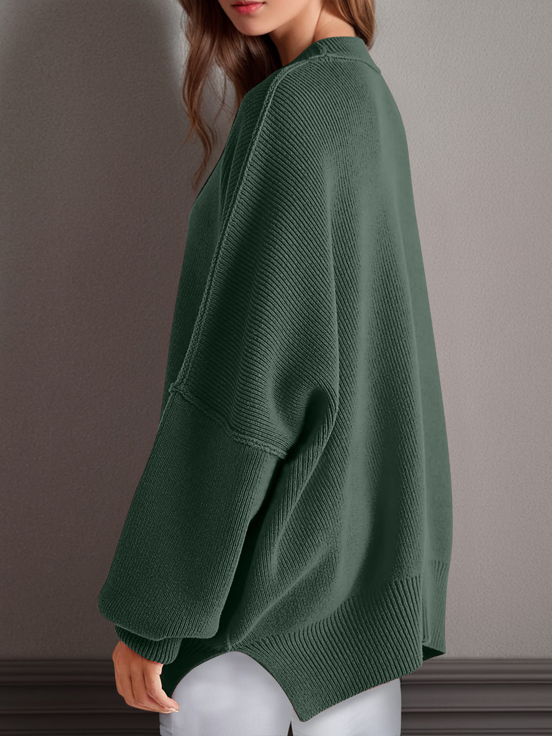 Double Take Side Slit Round Neck Long Sleeve Sweater - Bella Blue Styles