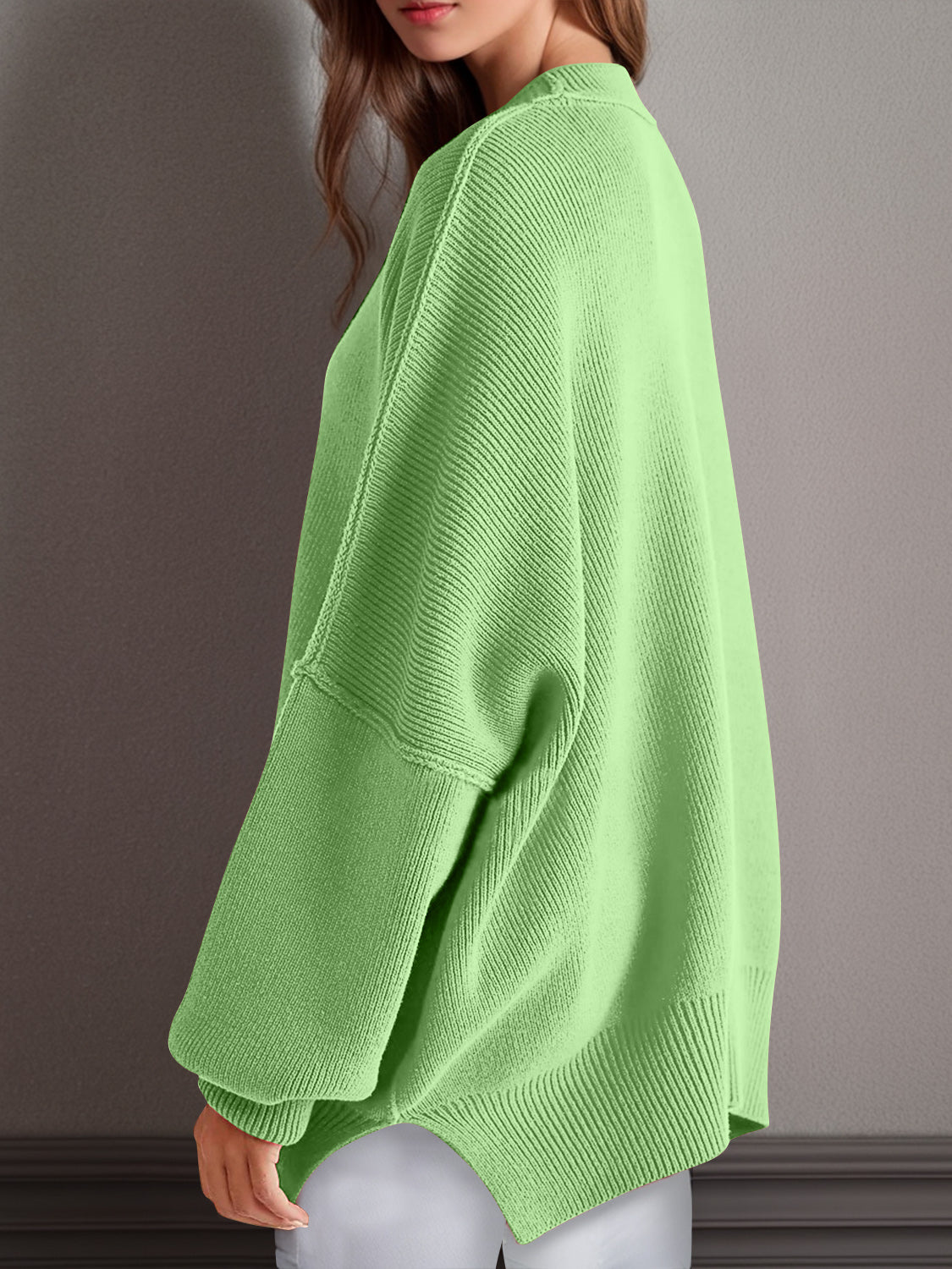 Double Take Side Slit Round Neck Long Sleeve Sweater - Bella Blue Styles