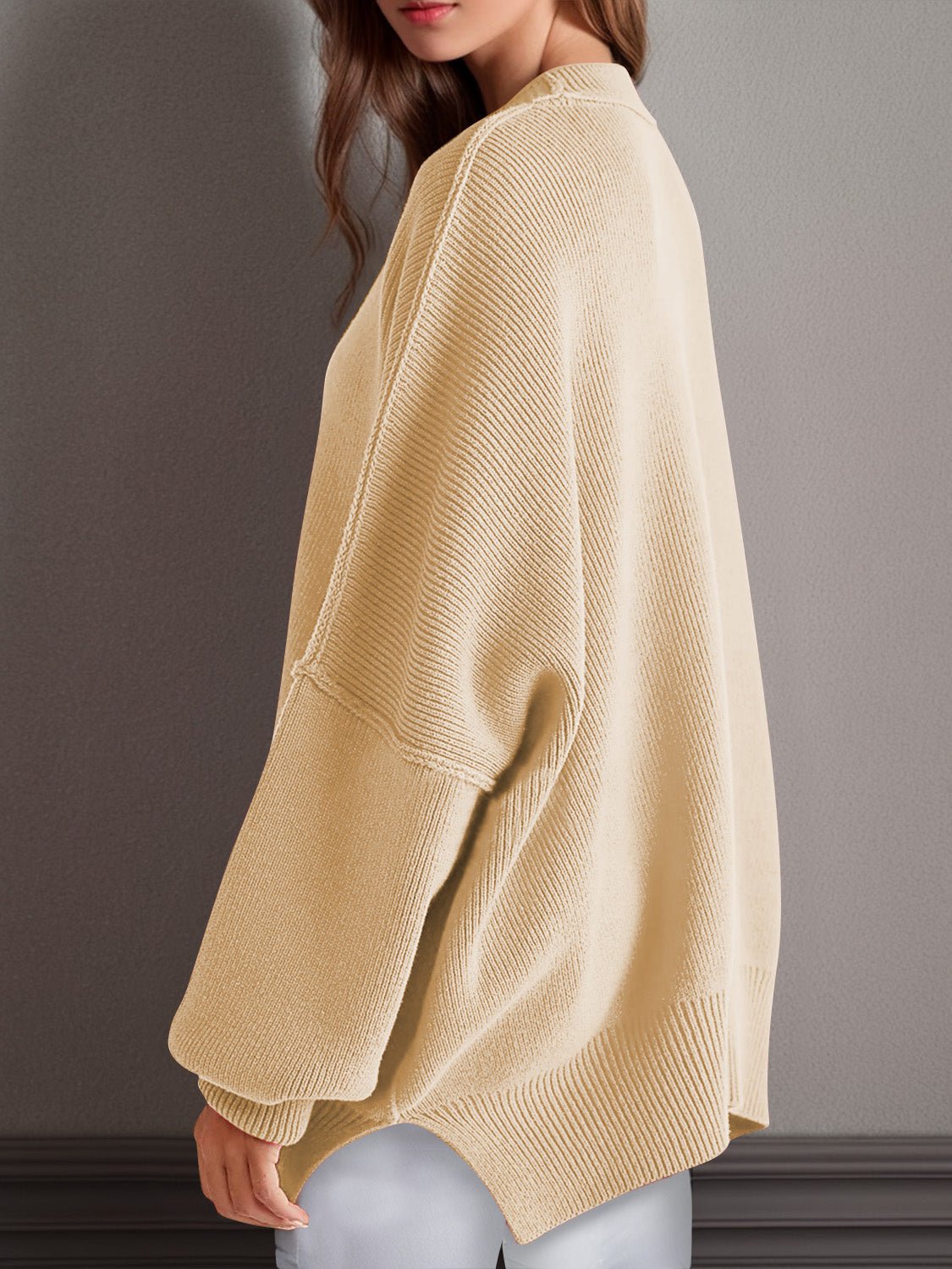 Double Take Side Slit Round Neck Long Sleeve Sweater - Bella Blue Styles