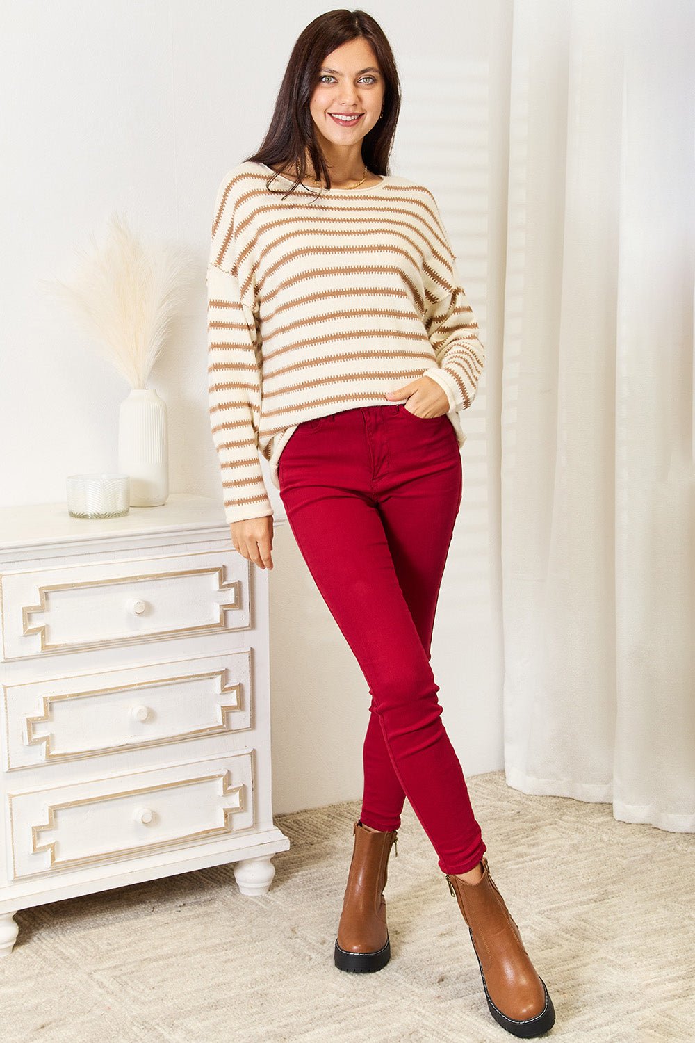 Double Take Striped Boat Neck Sweater - Bella Blue Styles
