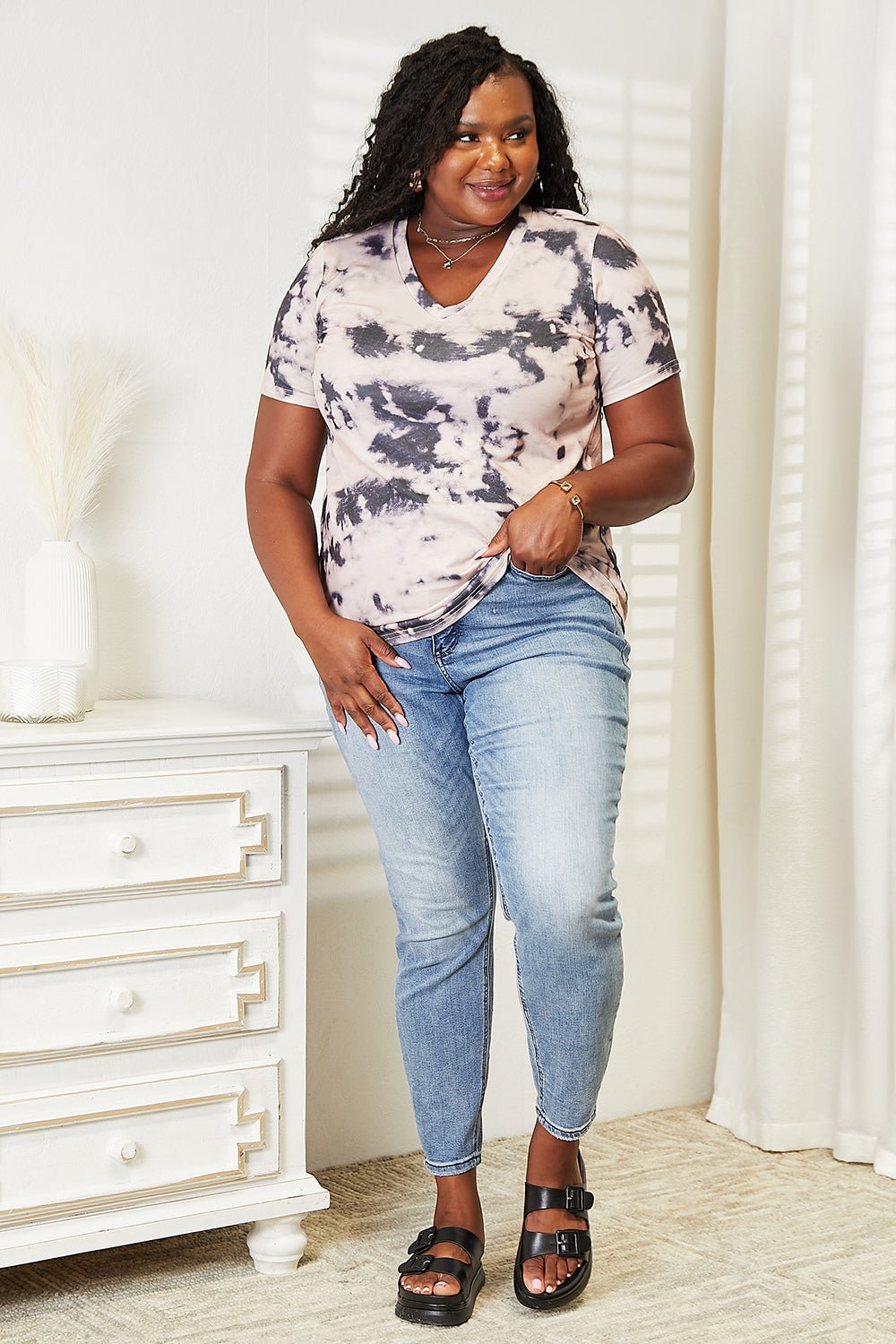 Double Take Tie - Dye V - Neck T-Shirt - Bella Blue Styles