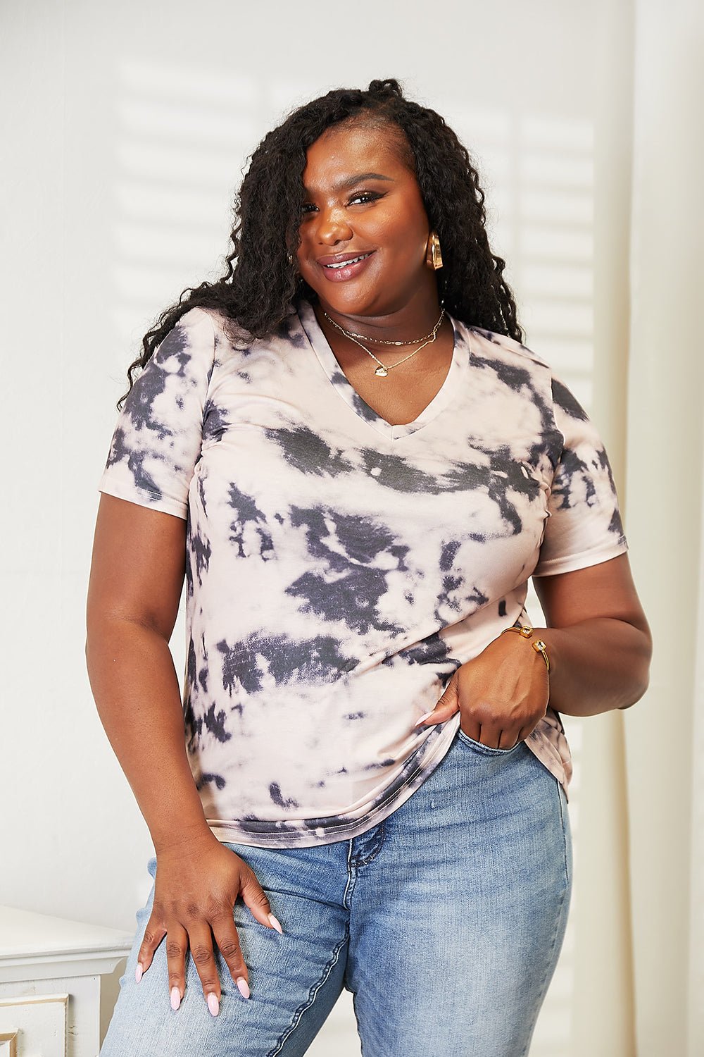 Double Take Tie - Dye V - Neck T-Shirt - Bella Blue Styles
