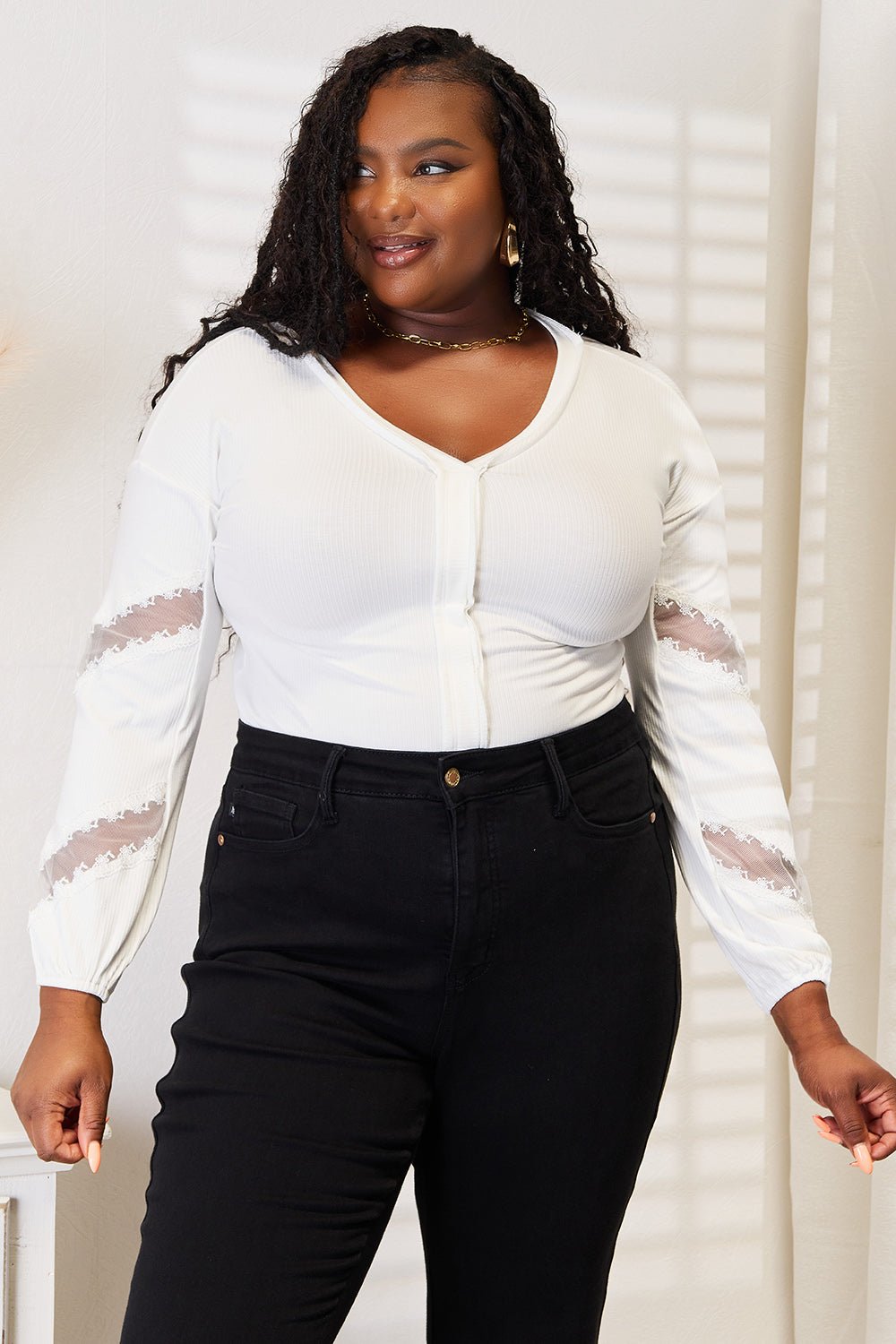 Double Take V - Neck Dropped Shoulder Blouse - Bella Blue Styles