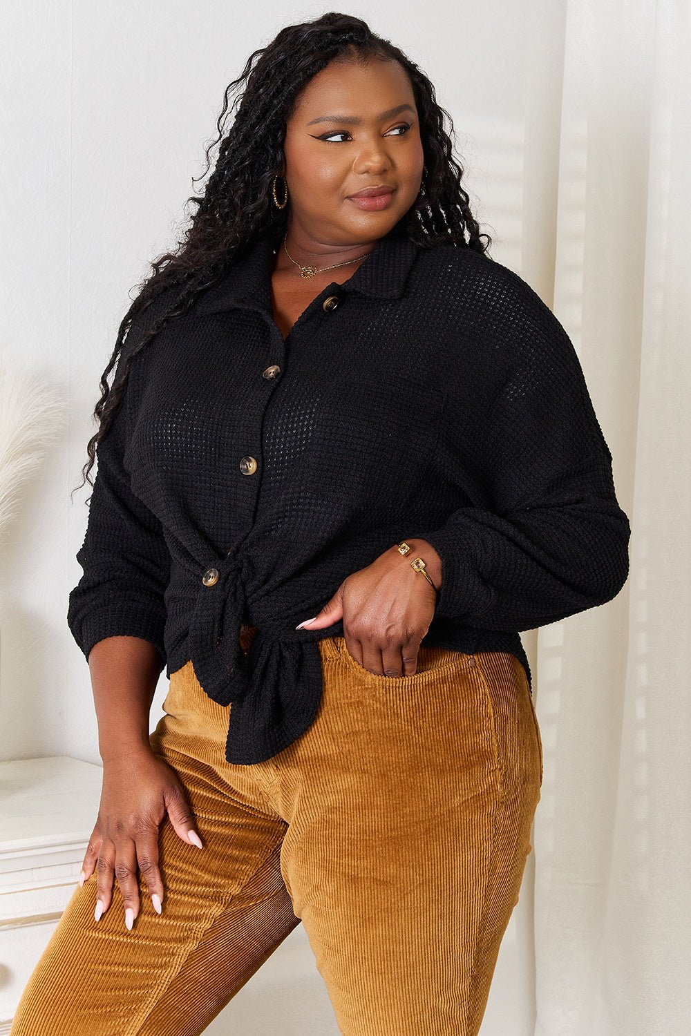 Double Take Waffle - Knit Collared Neck Dropped Shoulder Shirt - Bella Blue Styles