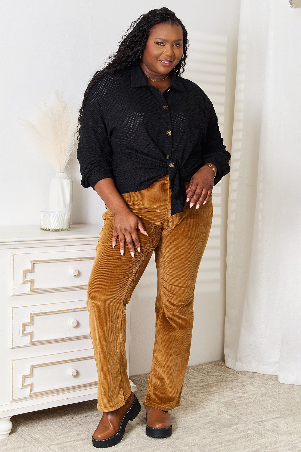 Double Take Waffle - Knit Collared Neck Dropped Shoulder Shirt - Bella Blue Styles