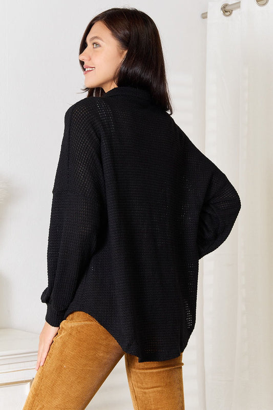 Double Take Waffle - Knit Collared Neck Dropped Shoulder Shirt - Bella Blue Styles