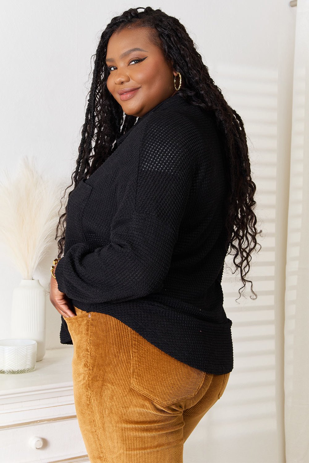 Double Take Waffle - Knit Collared Neck Dropped Shoulder Shirt - Bella Blue Styles