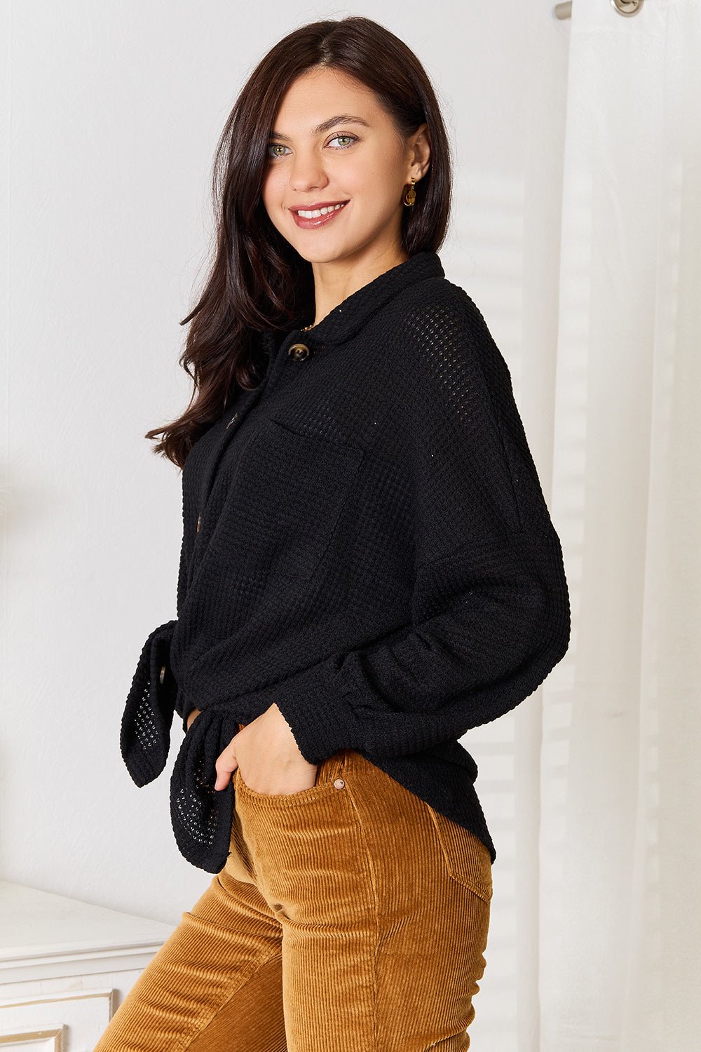 Double Take Waffle - Knit Collared Neck Dropped Shoulder Shirt - Bella Blue Styles