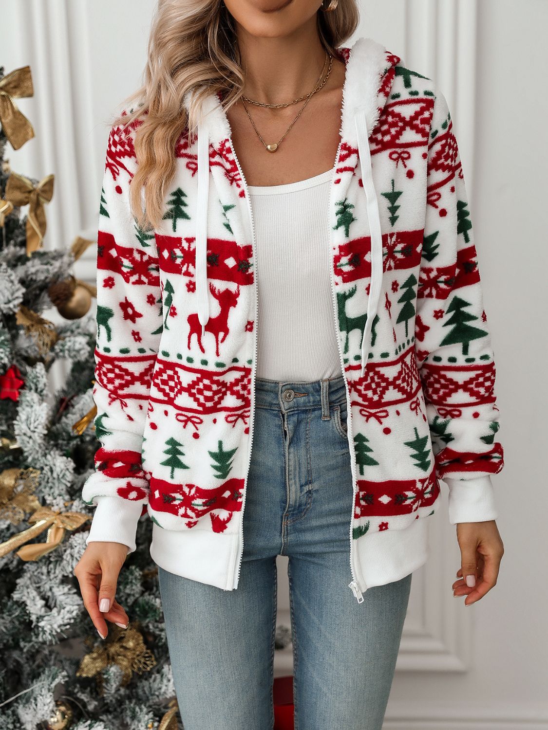 Drawstring Christmas Element Zip Up Hooded Jacket - Bella Blue Styles