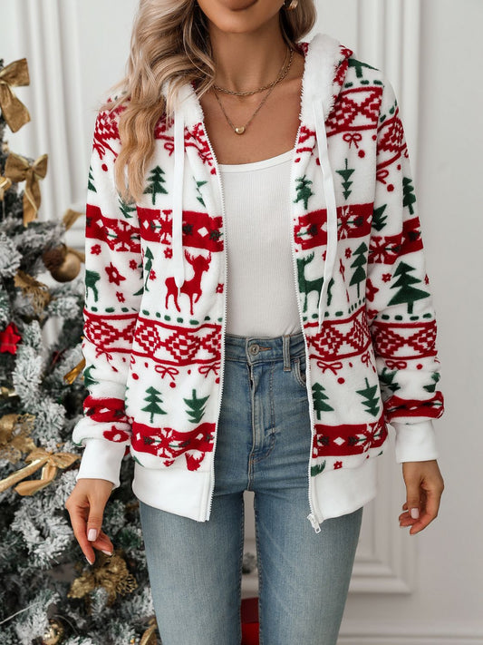 Drawstring Christmas Element Zip Up Hooded Jacket - Bella Blue Styles