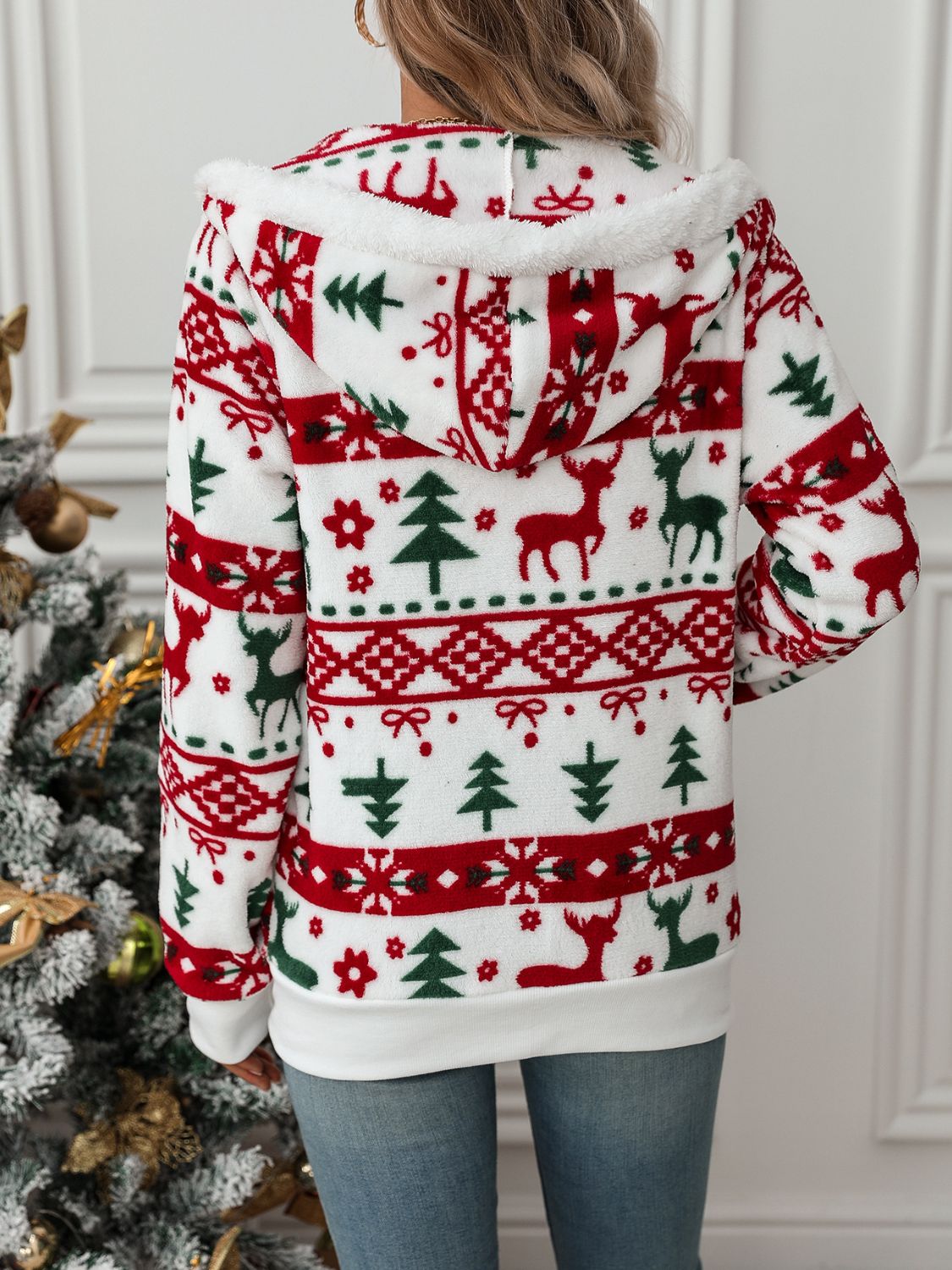 Drawstring Christmas Element Zip Up Hooded Jacket - Bella Blue Styles