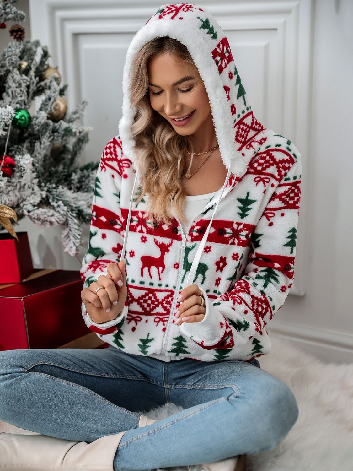 Drawstring Christmas Element Zip Up Hooded Jacket - Bella Blue Styles