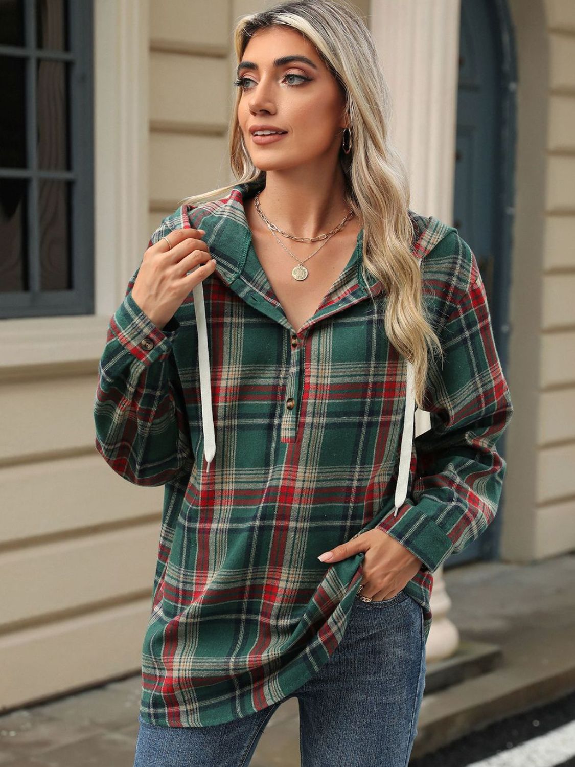 Drawstring Plaid Hooded Long Sleeve Top - Bella Blue Styles