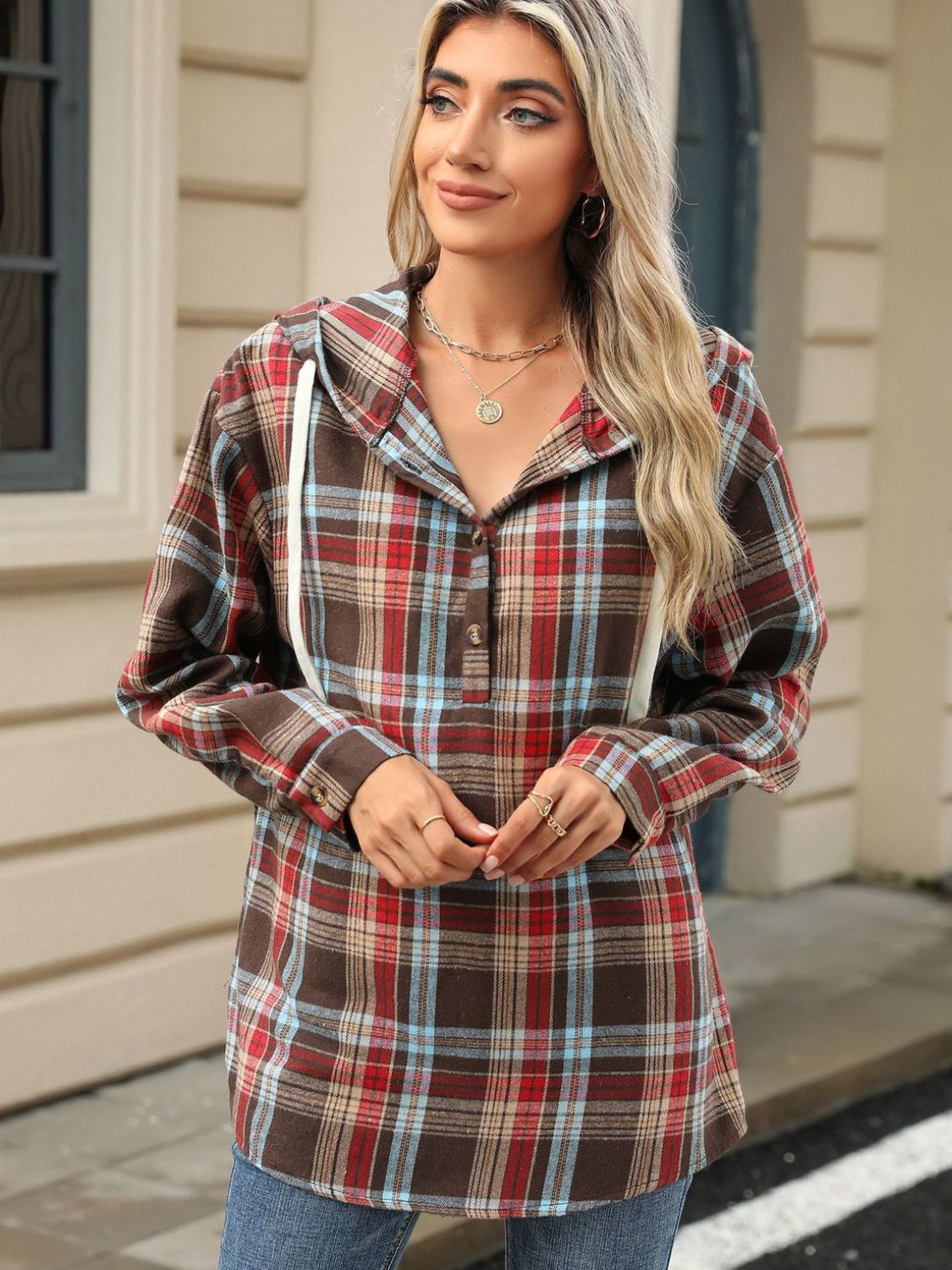 Drawstring Plaid Hooded Long Sleeve Top - Bella Blue Styles