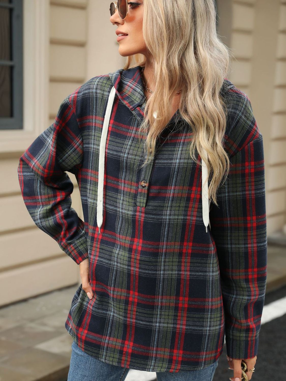Drawstring Plaid Hooded Long Sleeve Top - Bella Blue Styles