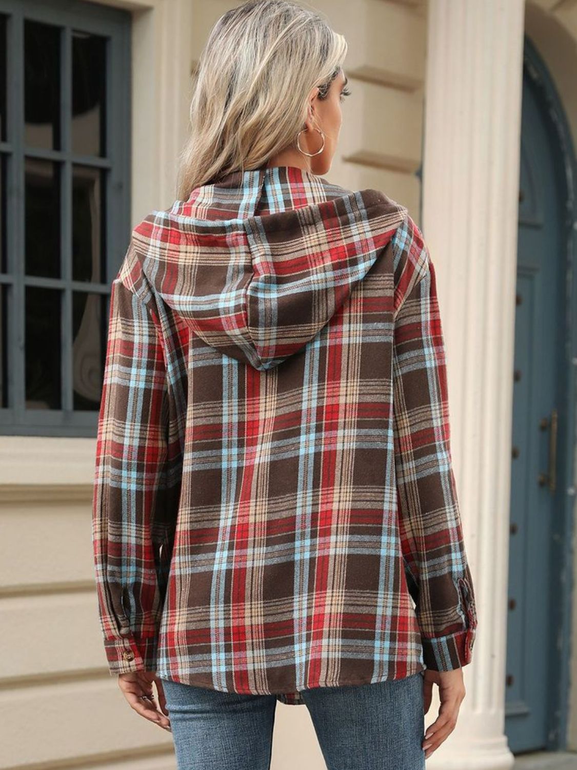 Drawstring Plaid Hooded Long Sleeve Top - Bella Blue Styles
