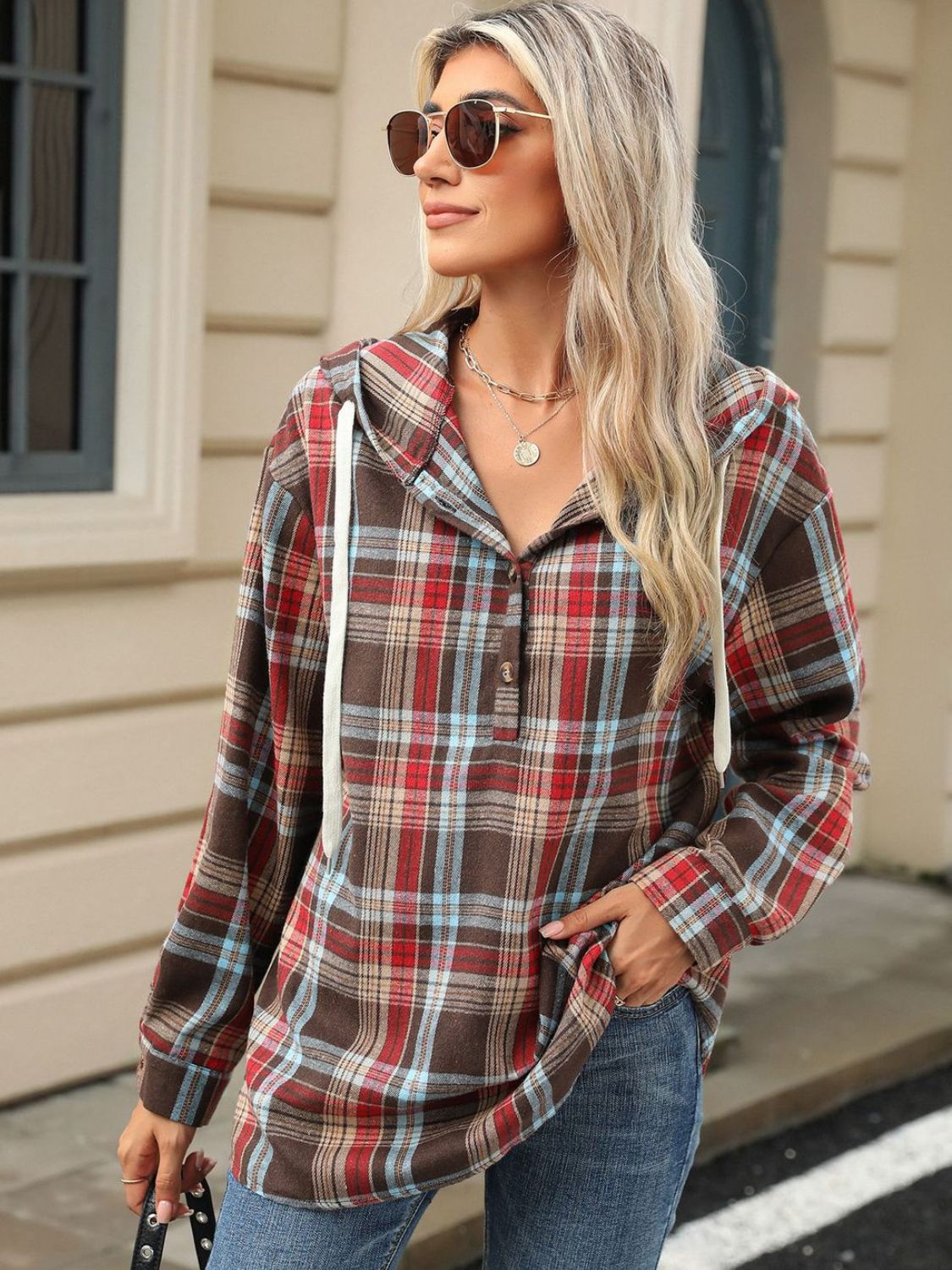 Drawstring Plaid Hooded Long Sleeve Top - Bella Blue Styles