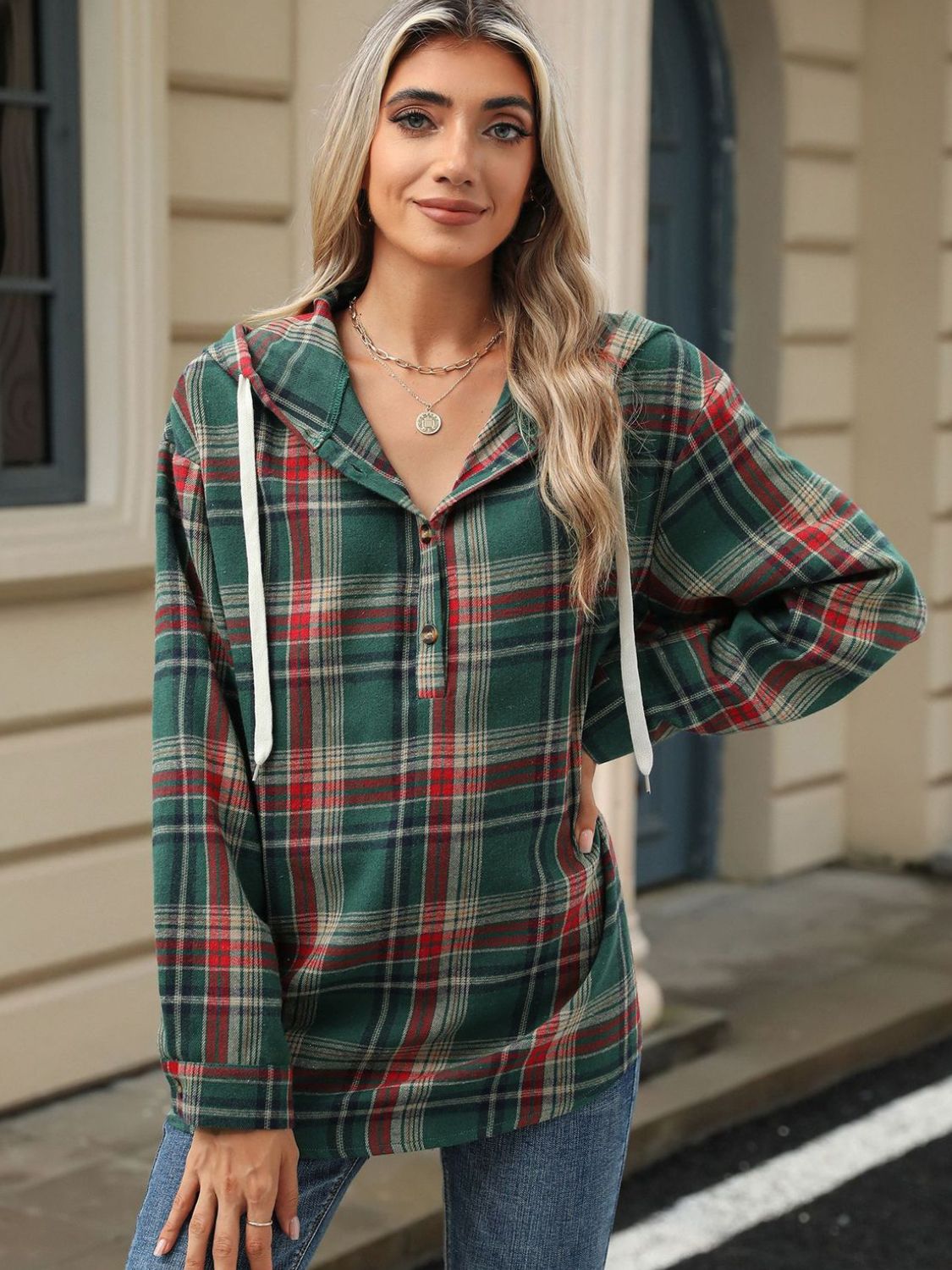 Drawstring Plaid Hooded Long Sleeve Top - Bella Blue Styles