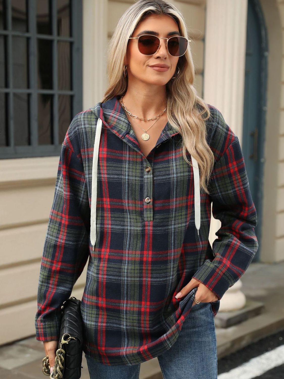 Drawstring Plaid Hooded Long Sleeve Top - Bella Blue Styles