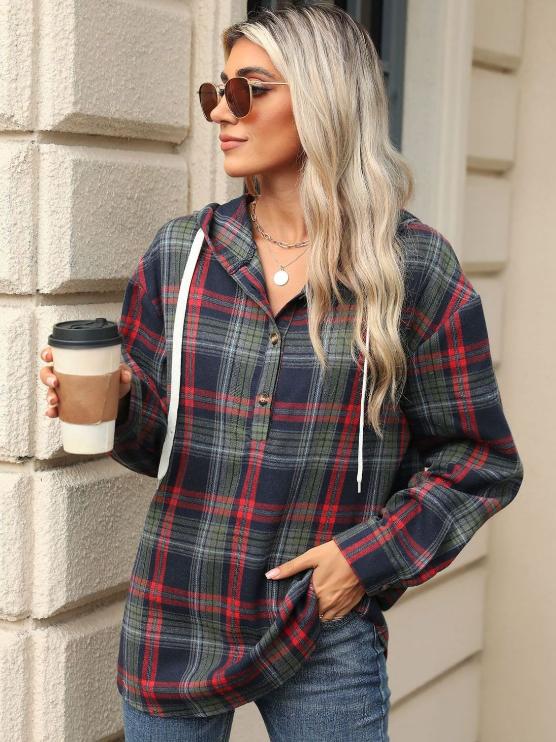Drawstring Plaid Hooded Long Sleeve Top - Bella Blue Styles