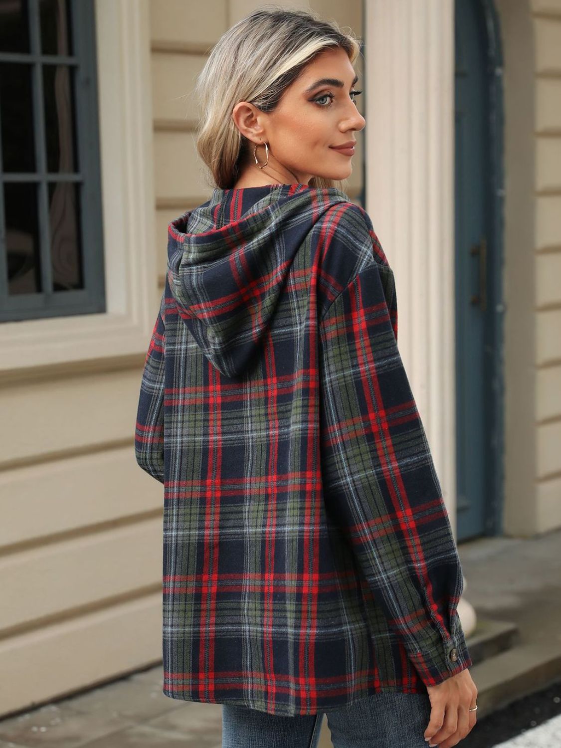 Drawstring Plaid Hooded Long Sleeve Top - Bella Blue Styles