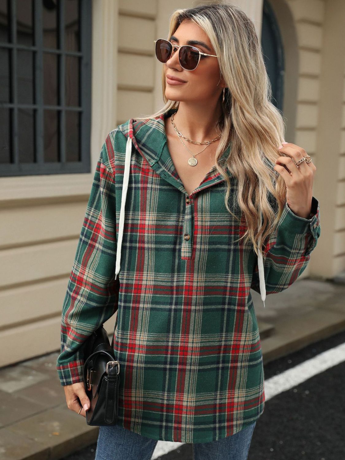 Drawstring Plaid Hooded Long Sleeve Top - Bella Blue Styles