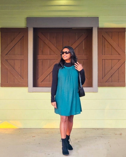 Eyelet Grecian Neck Mini Dress