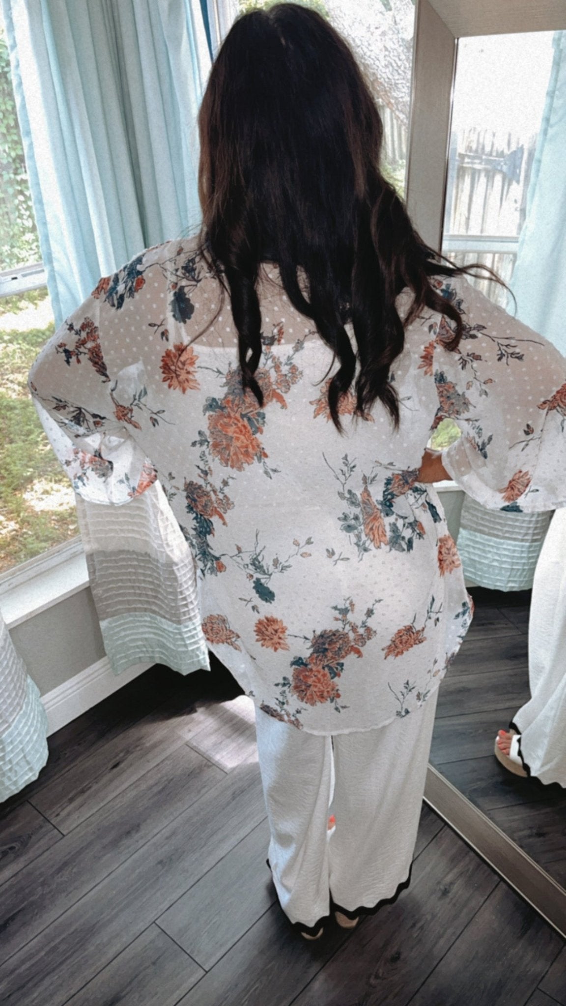 Floral Three-Quarter Sleeve Open Front Cardigan