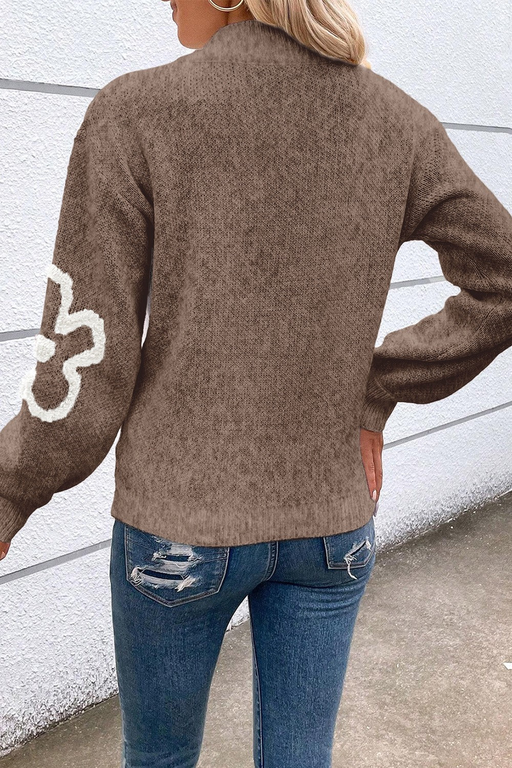 Flower Half Zip Dropped Shoulder Sweater - Bella Blue Styles