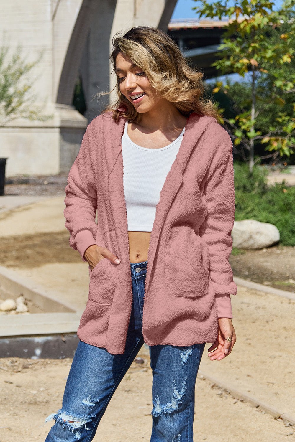 Full Size Teddy Hooded Jacket with Pockets - Bella Blue Styles