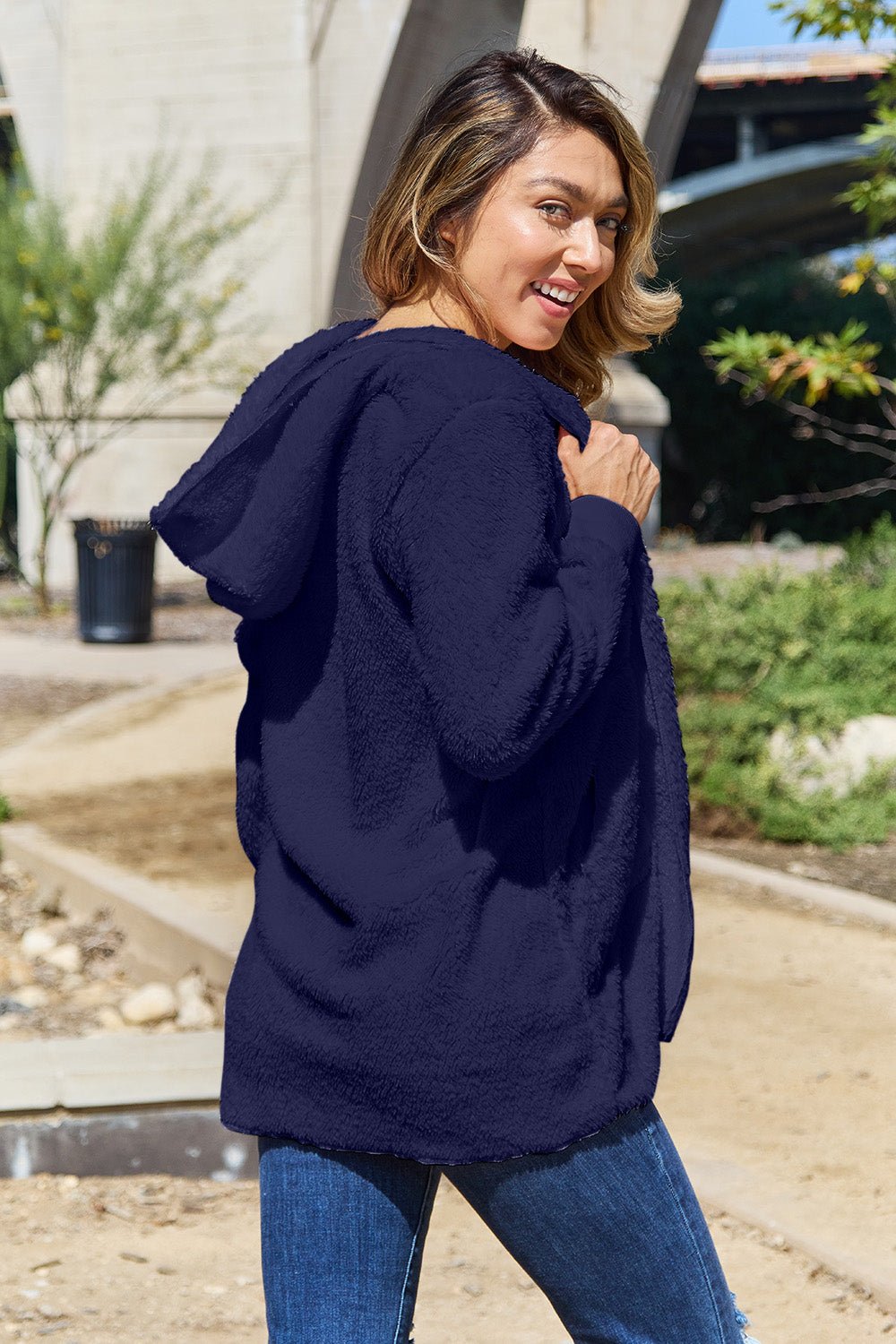 Full Size Teddy Hooded Jacket with Pockets - Bella Blue Styles