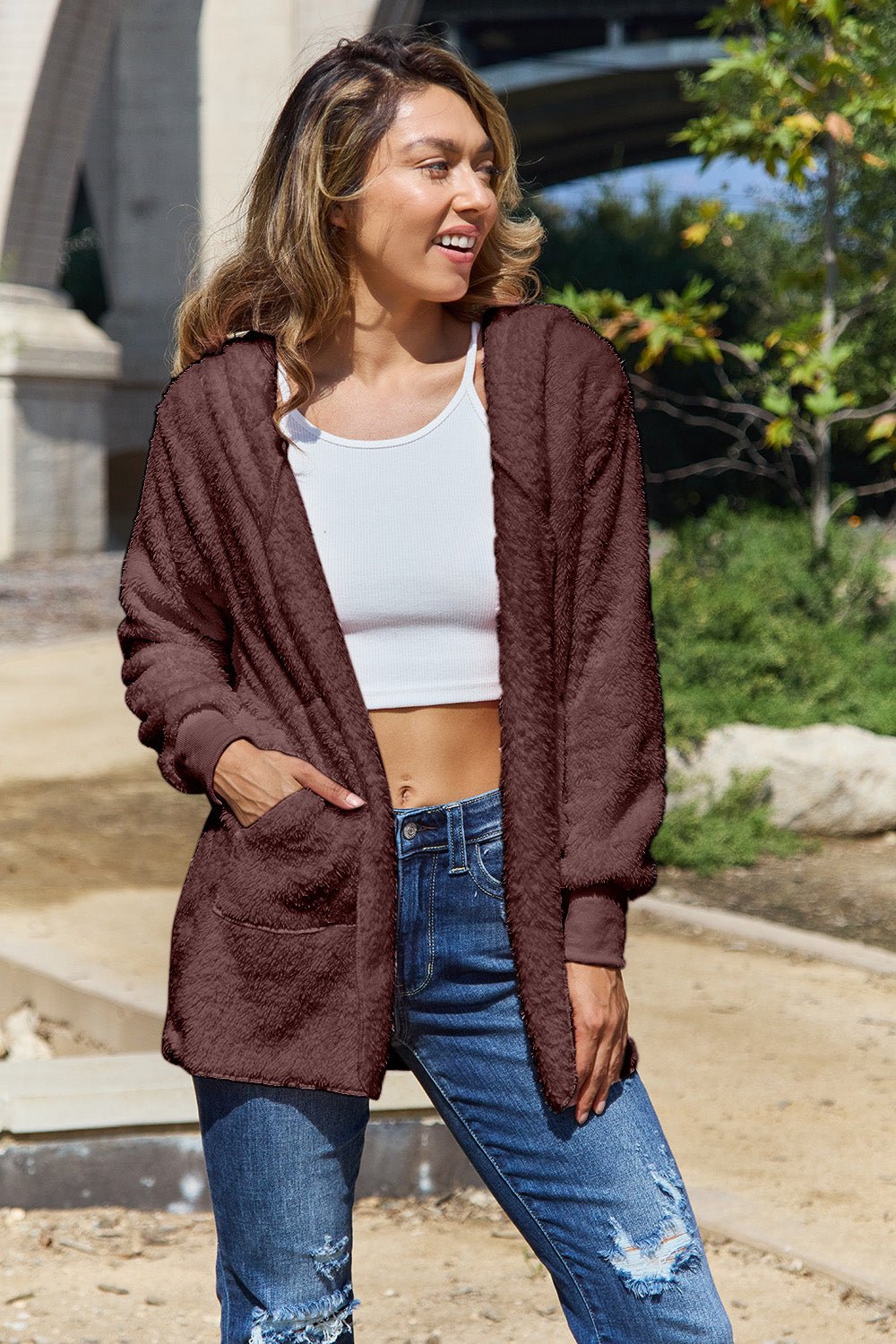 Full Size Teddy Hooded Jacket with Pockets - Bella Blue Styles