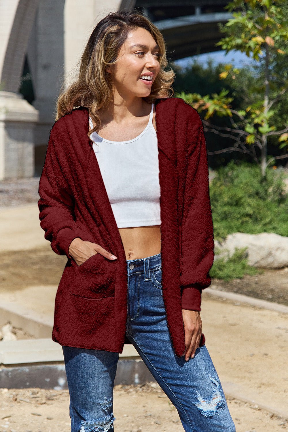 Full Size Teddy Hooded Jacket with Pockets - Bella Blue Styles