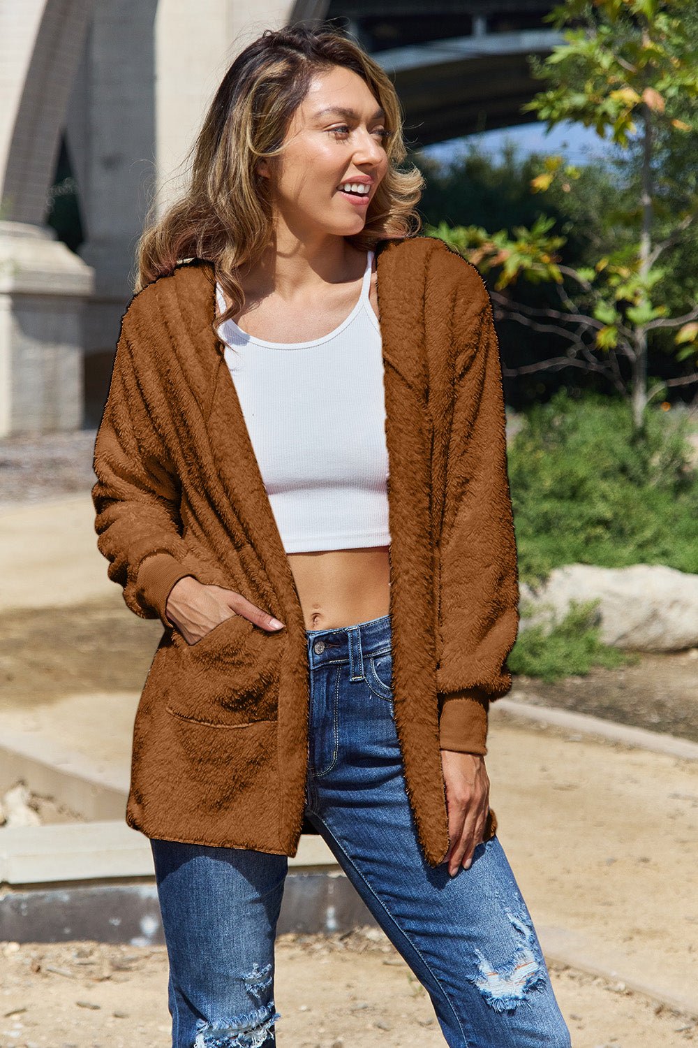 Full Size Teddy Hooded Jacket with Pockets - Bella Blue Styles