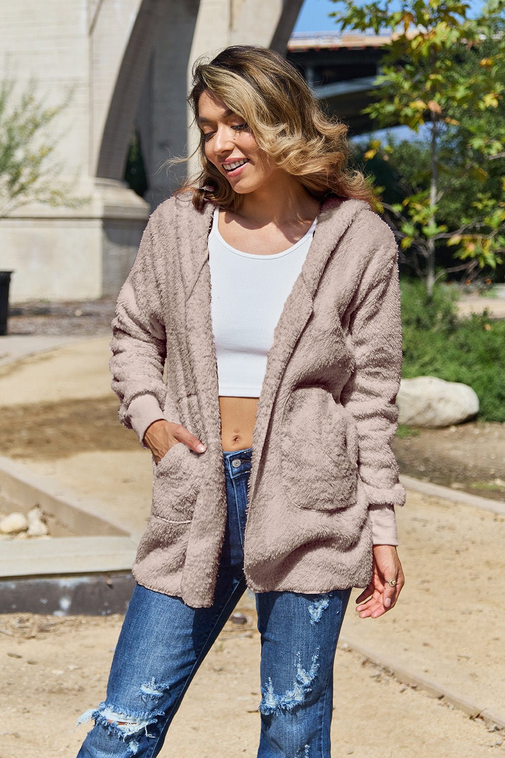 Full Size Teddy Hooded Jacket with Pockets - Bella Blue Styles