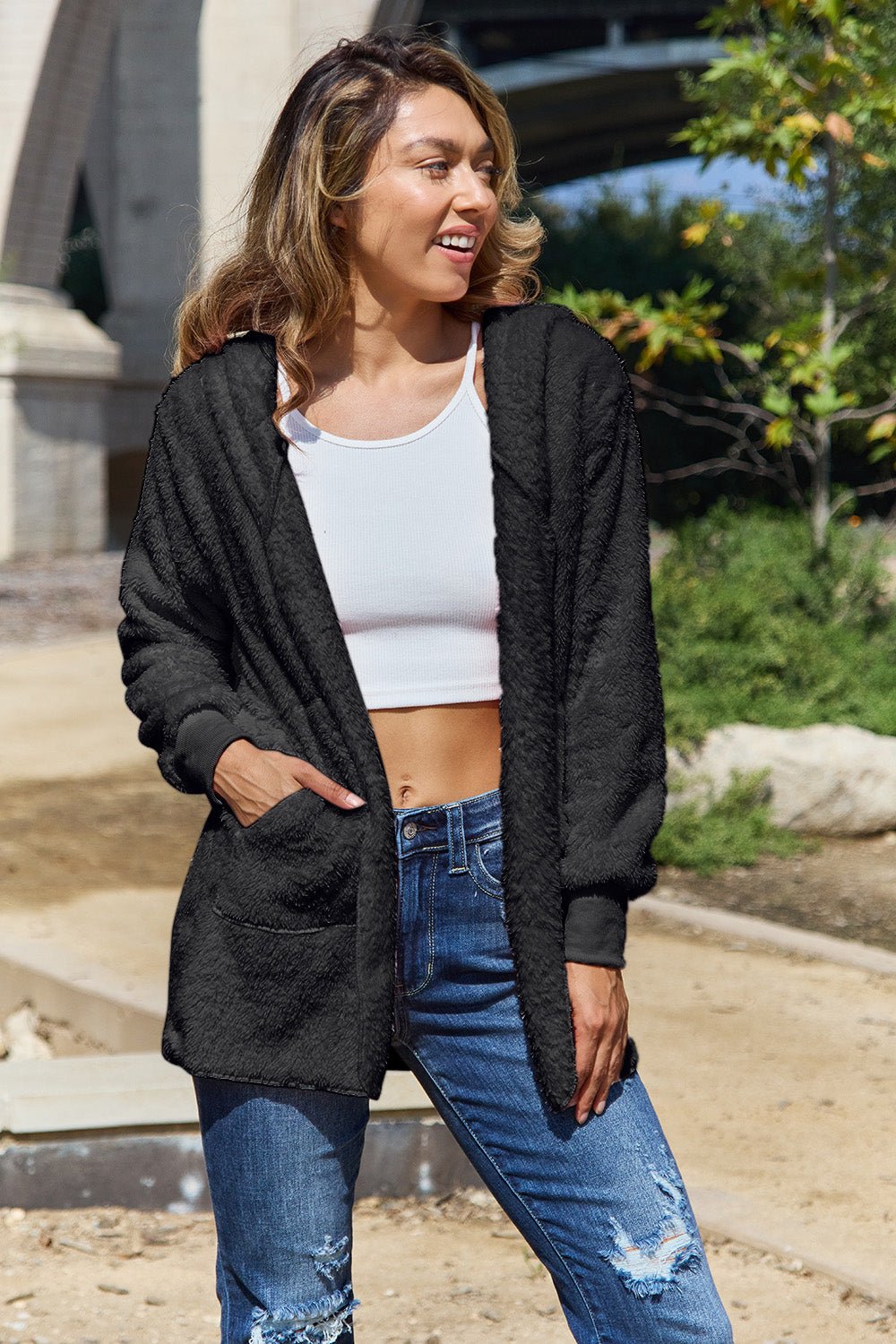 Full Size Teddy Hooded Jacket with Pockets - Bella Blue Styles