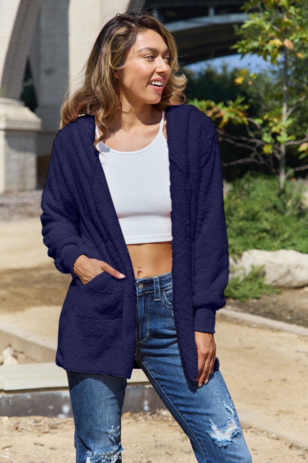 Full Size Teddy Hooded Jacket with Pockets - Bella Blue Styles
